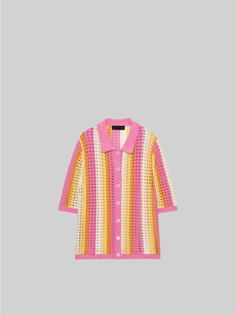 Zara Pink, Yellow & Cream Striped Crochet Button-Up Polo